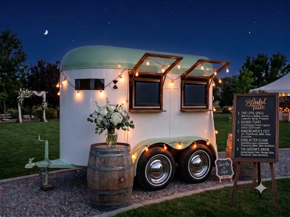The Blissful Taste vintage horse trailer at twilight, strung with pixie lights and flanked by whiskey barrels and a chalkboard drink menu.